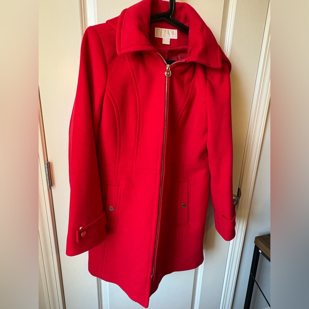 Michael Kors bright red hooded duffle coat size large EUC